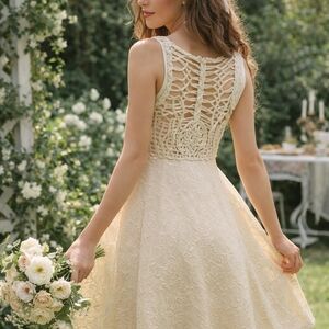Cream Lace Fit & Flare Dress Size M  Macramé Back Cottagecore Coquette Romantic